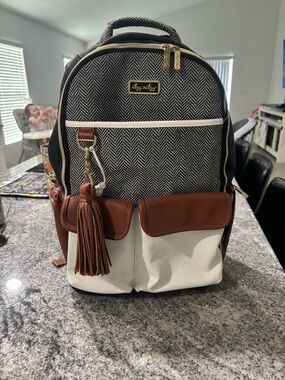 Itzy Ritzy Black Herringbone & White Backpack with Brown Trim